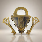 Jones Peak medieval triangle padlock in solid brass with hand-antiqued finish and two ornate keys.