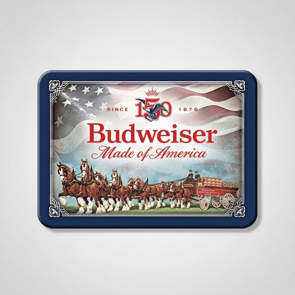 Jones Peak Budweiser 150th anniversary metal magnet featuring Clydesdales and American flag design