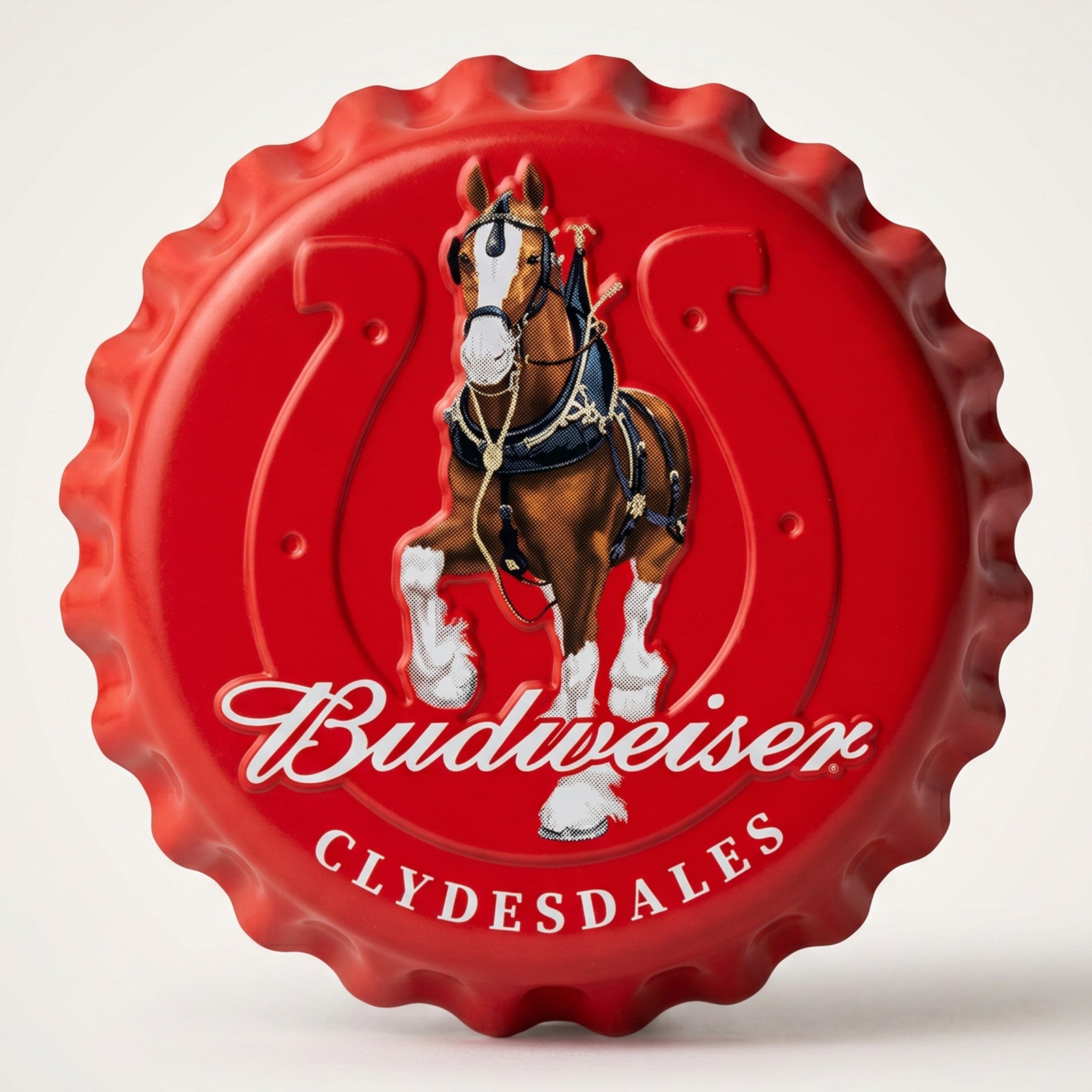 Budweiser Clydesdales bottle cap metal sign with horse team artwork and brewery branding