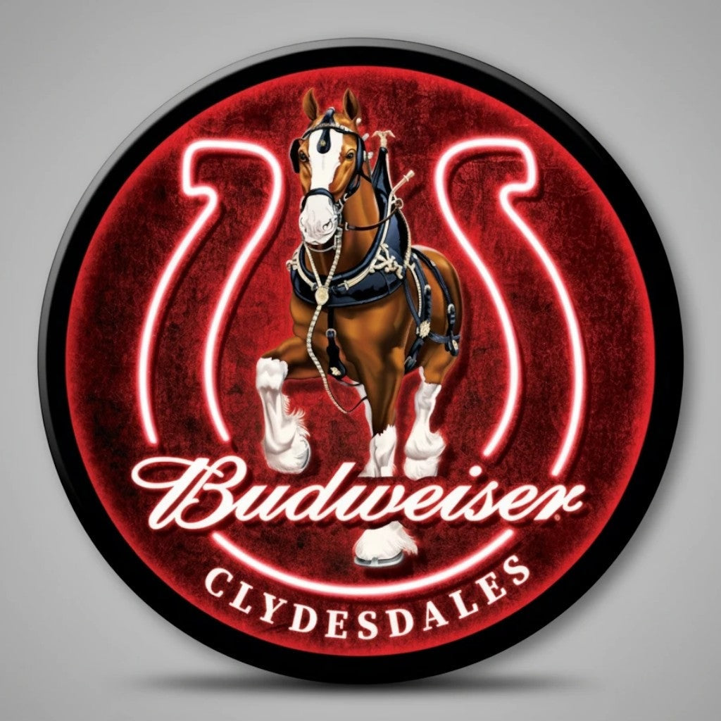 Jones Peak round metal Budweiser Clydesdales magnet featuring a vintage red neon horseshoe design.