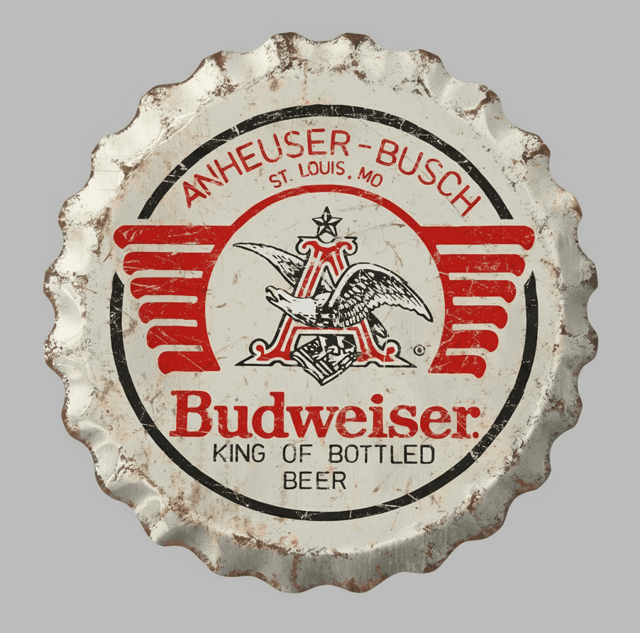 Jones Peak Budweiser weathered metal bottle cap sign with vintage red and white Anheuser-Busch brewery branding