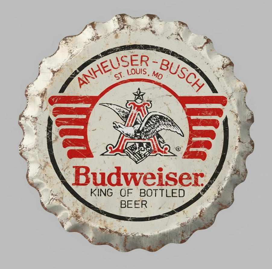 Jones Peak Budweiser weathered metal bottle cap sign with vintage red and white Anheuser-Busch brewery branding