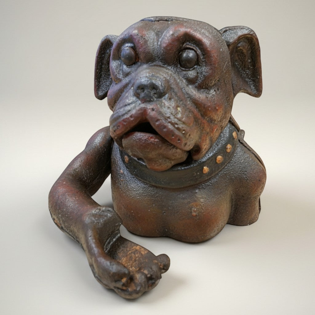 Jones Peak antique painted cast iron bulldog mechanical coin bank with studded collar.