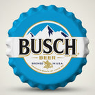 Busch beer bottle cap metal sign in blue and white with mountain artwork