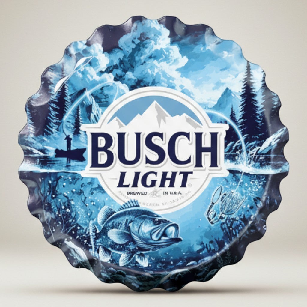 Busch Light Fishing bottle cap metal sign detail with blue and white outdoor artwork