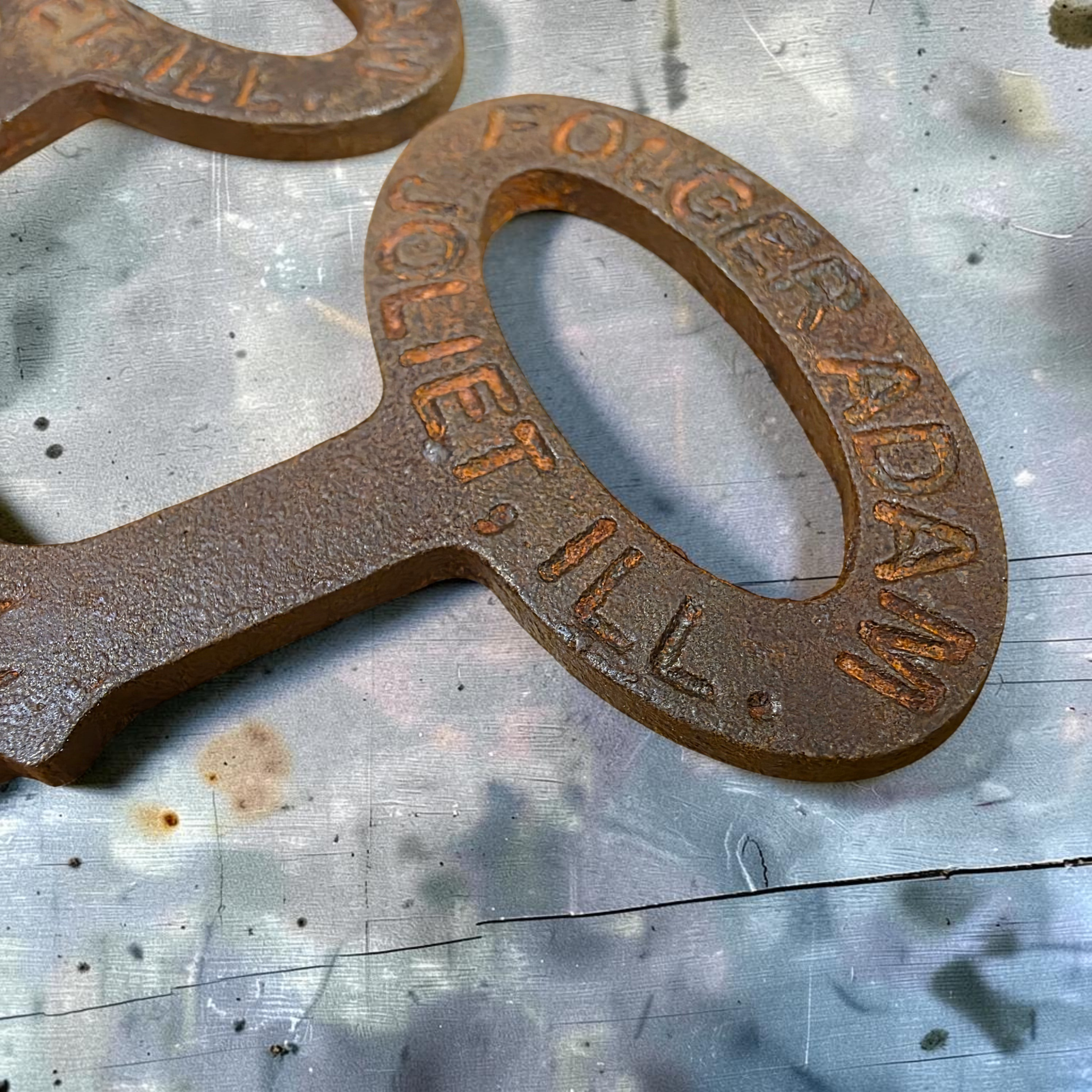 Jones Peak cast iron jailhouse keys with distressed antique finish and Folger Adam Joliet Ill lettering