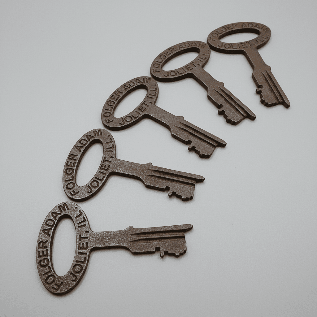 Jones Peak set of five cast iron jailhouse keys with distressed antique finish and Folger Adam Joliet lettering.