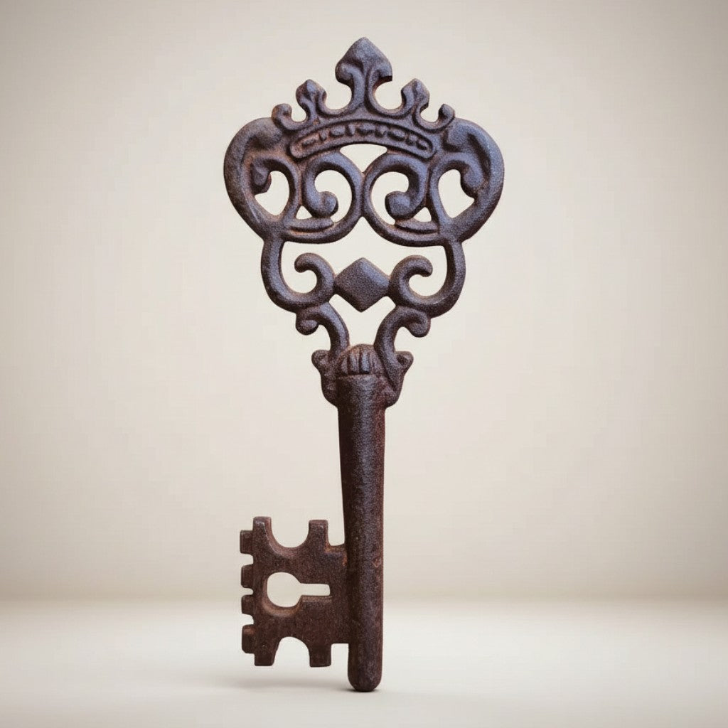 Jones Peak medieval crown cast iron key with a distressed, antiqued finish. Decorative accent for shelves and displays.
