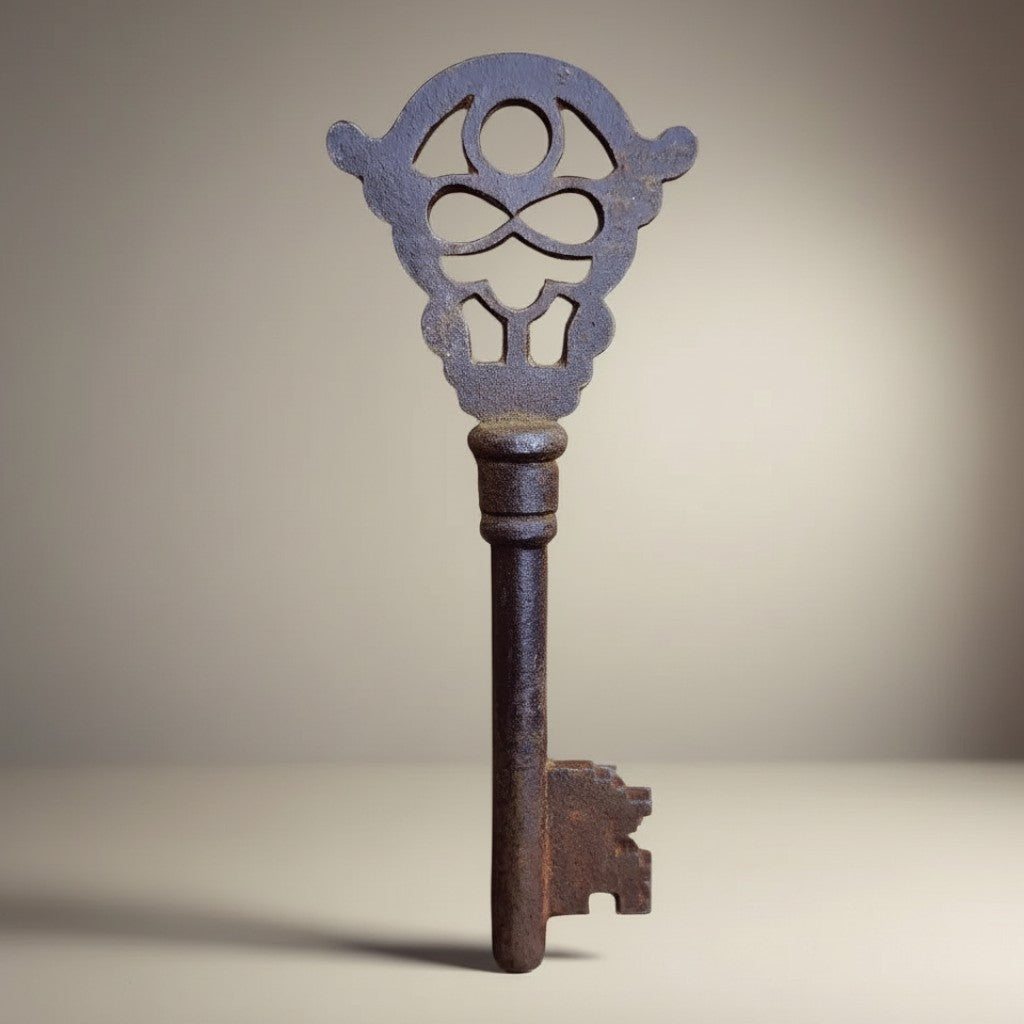 Jones Peak medieval Viking cast iron key with ornate bow and distressed finish, 5" x 2"