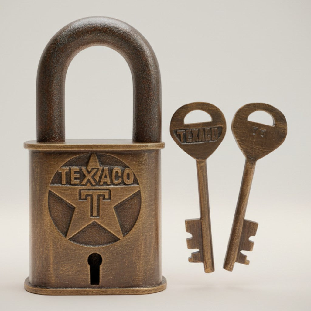 Jones Peak Gas Station 1902 cast iron lock with two keys, featuring Texaco logo and antique finish.