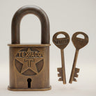Jones Peak Gas Station 1902 cast iron lock with two keys, featuring Texaco logo and antique finish.