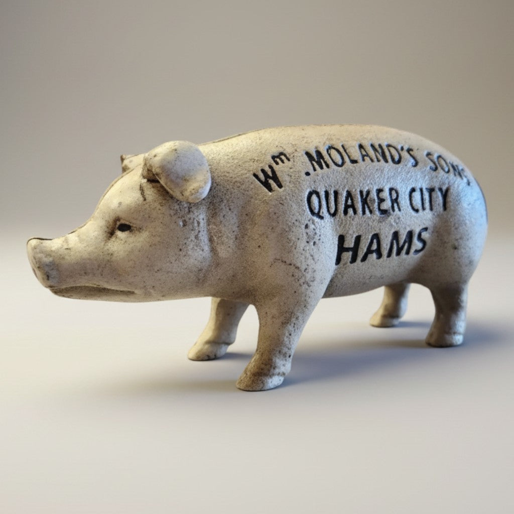 Jones Peak vintage cast iron pig coin bank with "Wm. Moland's Sons Quaker City Hams" text, hand-painted antique patina.