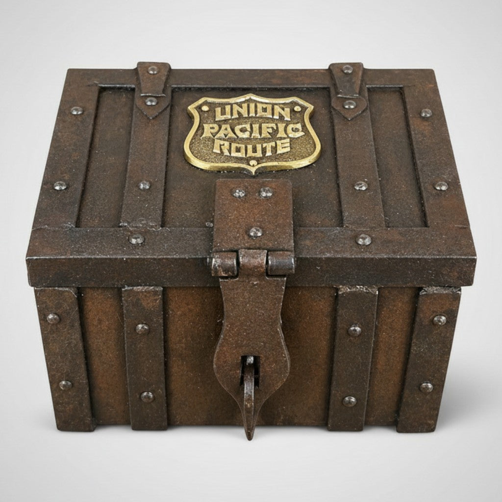 Jones Peak cast iron railroad strong box with distressed finish and Union Pacific Route brass tag for vintage decor