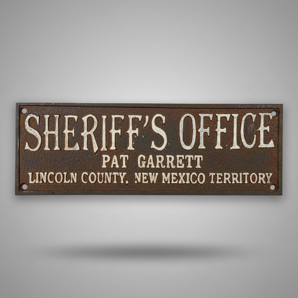 Jones Peak cast iron Pat Garrett Sheriff Office plaque with hand-painted antique patina and raised lettering.