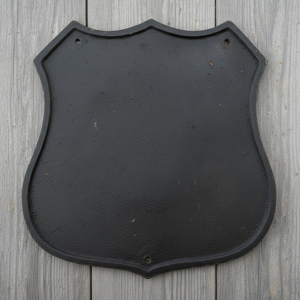 Jones Peak cast iron shield-shaped plaque with a black antique patina finish on a rustic wooden background.