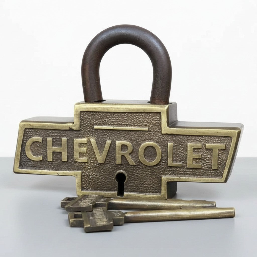 Jones Peak Chevrolet 1911 solid brass padlock with two keys, featuring an antique distressed finish for decor.