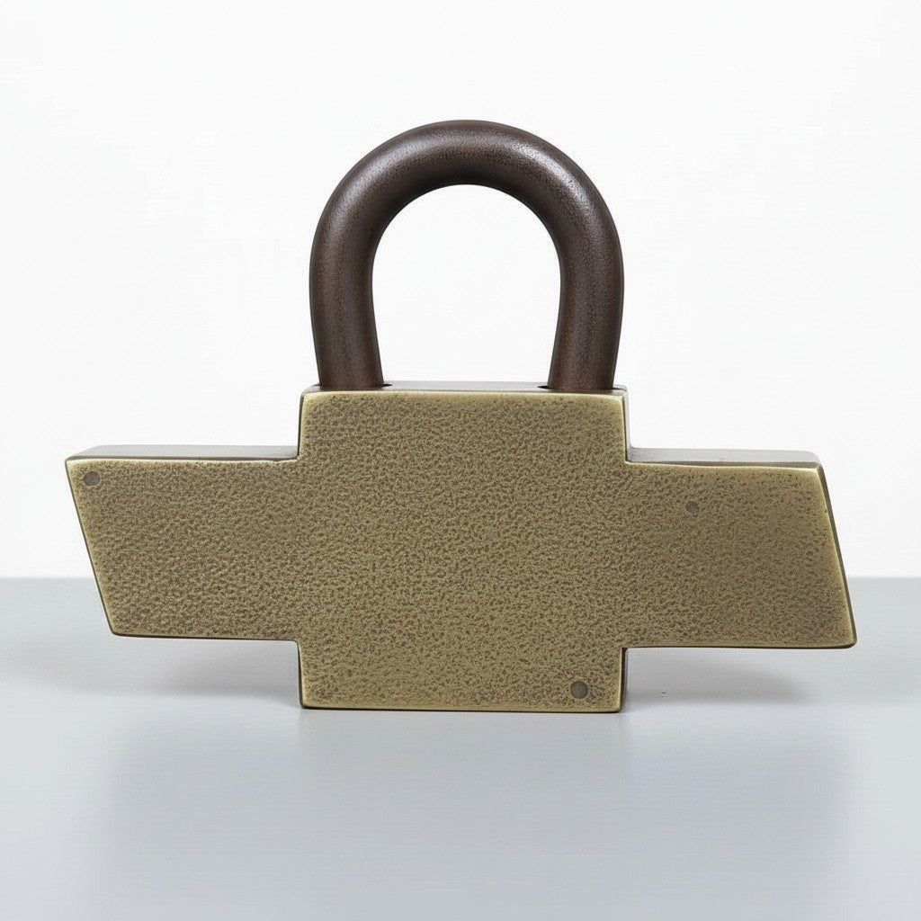 Jones Peak Chevrolet 1911 solid brass padlock with an antique distressed finish and a dark metal shackle.