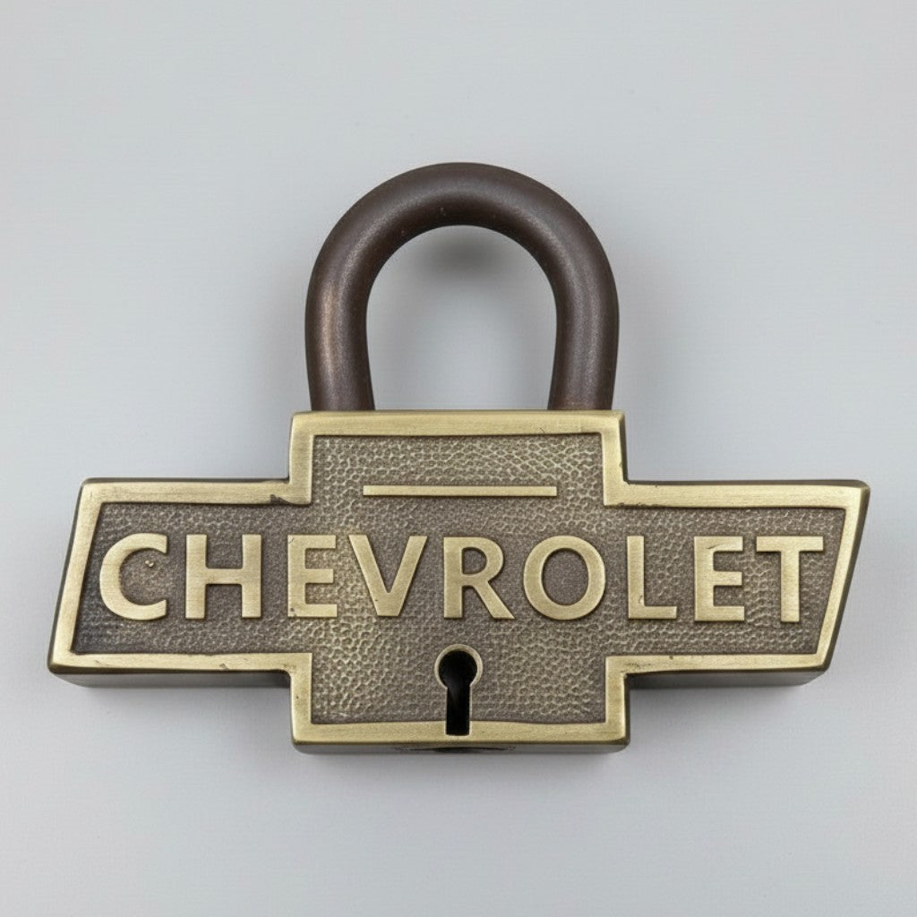 Jones Peak Chevrolet 1911 solid brass padlock with an antique distressed finish for vintage automotive decor.