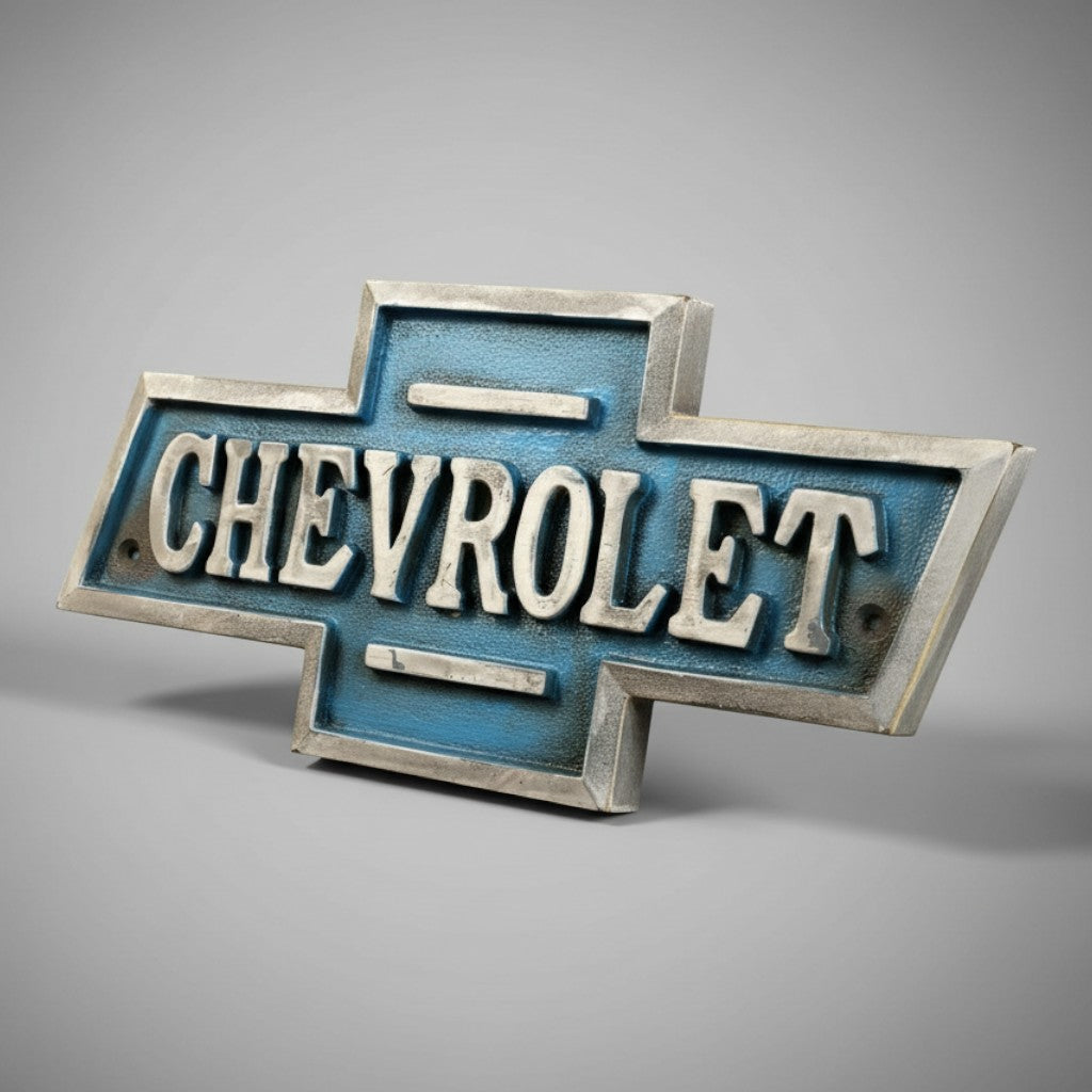 Jones Peak Chevrolet cast iron embossed plaque with raised silver lettering on blue background, antique finish.