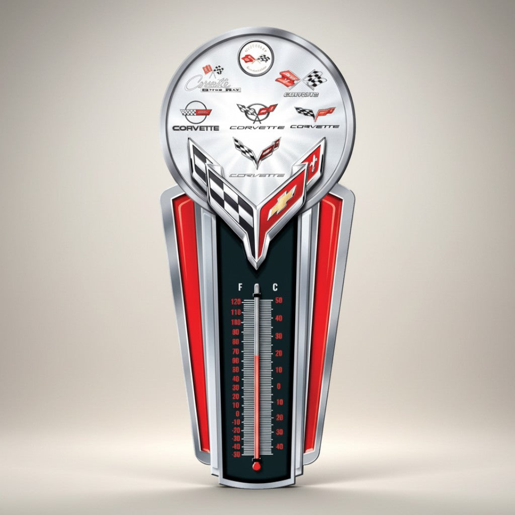 Jones Peak Chevrolet Corvette Logo Thermometer, embossed metal with red and silver accents, vintage wall decor.