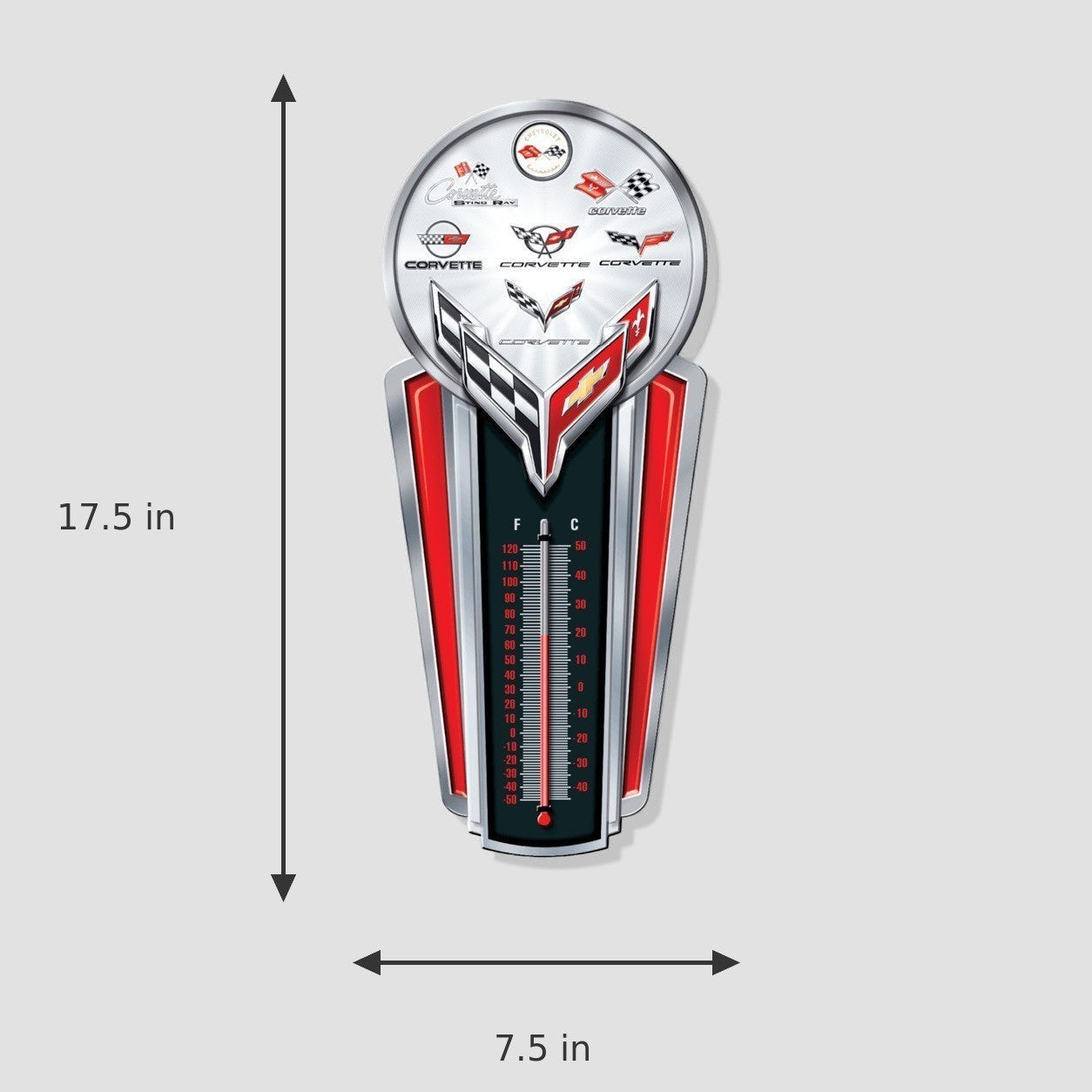 Jones Peak Chevrolet Corvette embossed metal wall thermometer with vintage logo graphics for garage or bar decor.