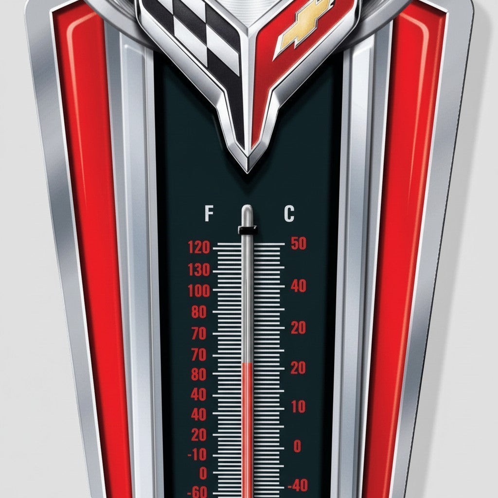 Jones Peak embossed metal Chevrolet Corvette logo thermometer with red and black vintage automotive design