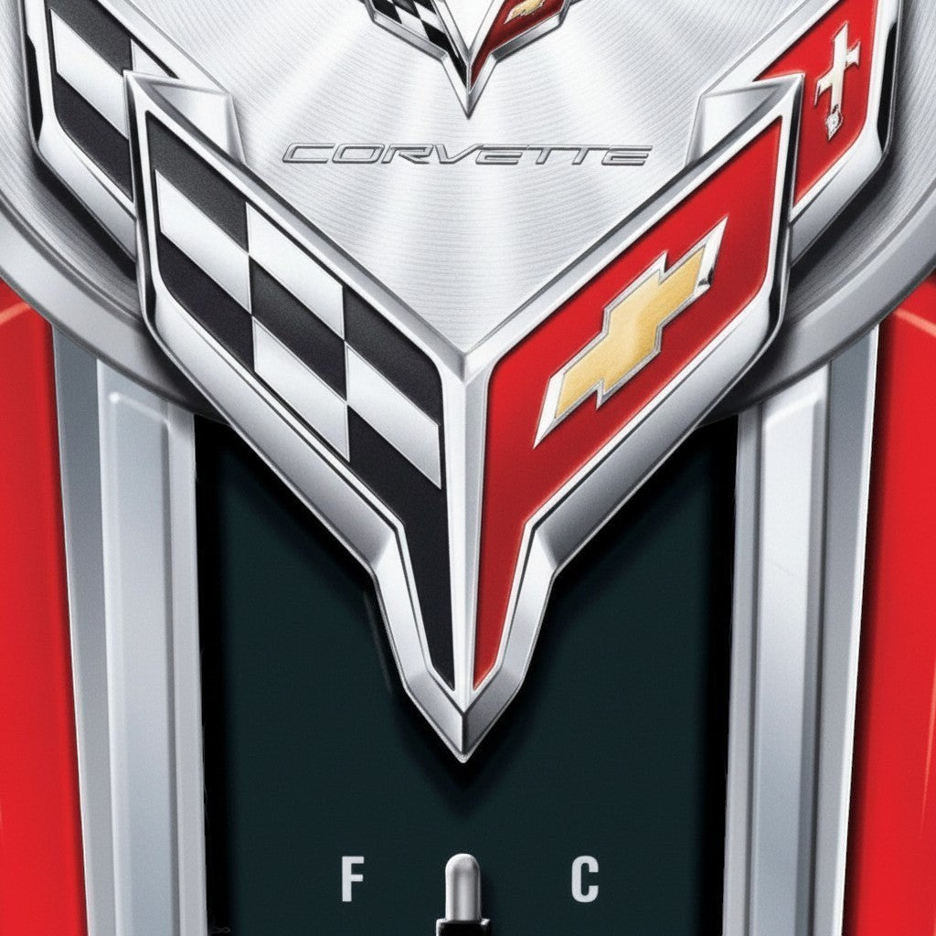 Jones Peak Chevrolet Corvette embossed metal thermometer featuring the iconic red and black racing logo design.