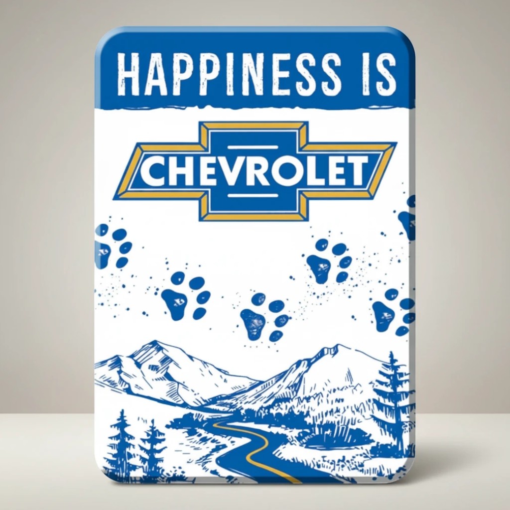 Jones Peak Chevrolet dog road magnet with paw prints and mountain landscape. Blue and yellow.