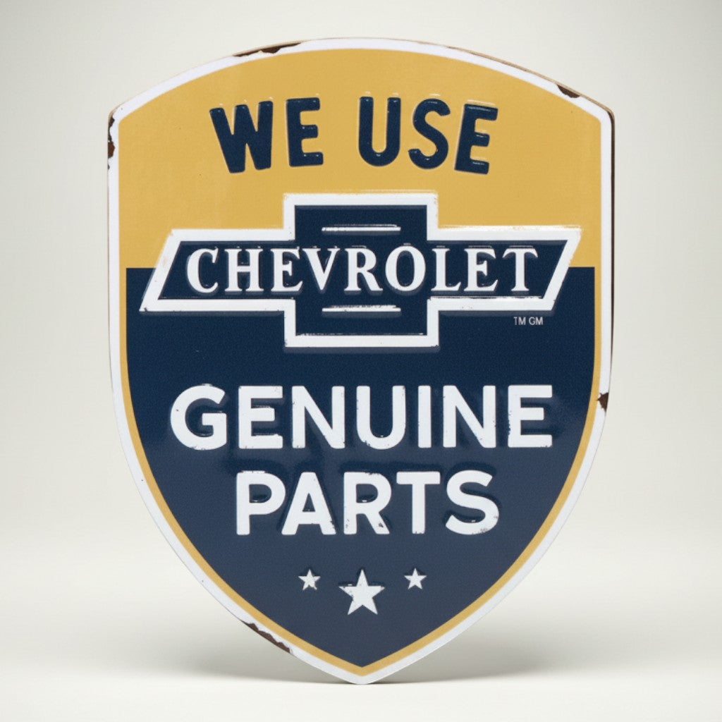 Jones Peak Chevrolet Genuine Parts shield metal magnet with vintage distressed finish. Features yellow and navy blue colors.