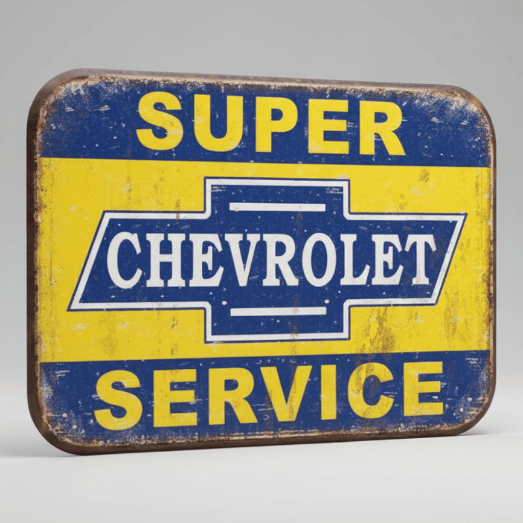 Jones Peak Chevrolet Super Service magnet with a vintage distressed yellow and blue metal sign design