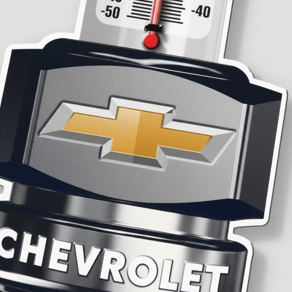 Jones Peak Chevrolet spark plug embossed metal thermometer with vintage patina finish for garage wall decor