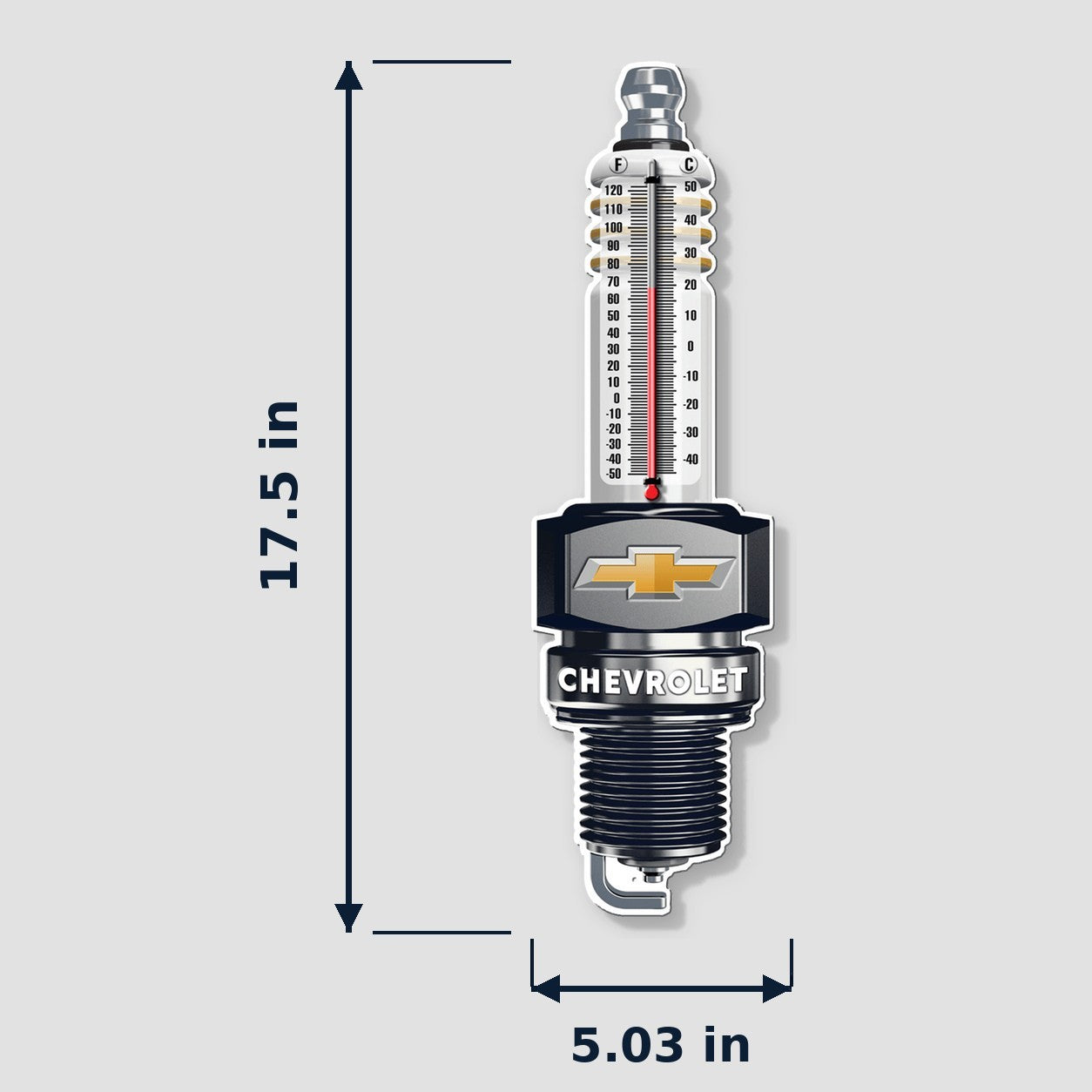 Jones Peak Chevrolet spark plug embossed metal thermometer with vintage branding and dual temperature scale