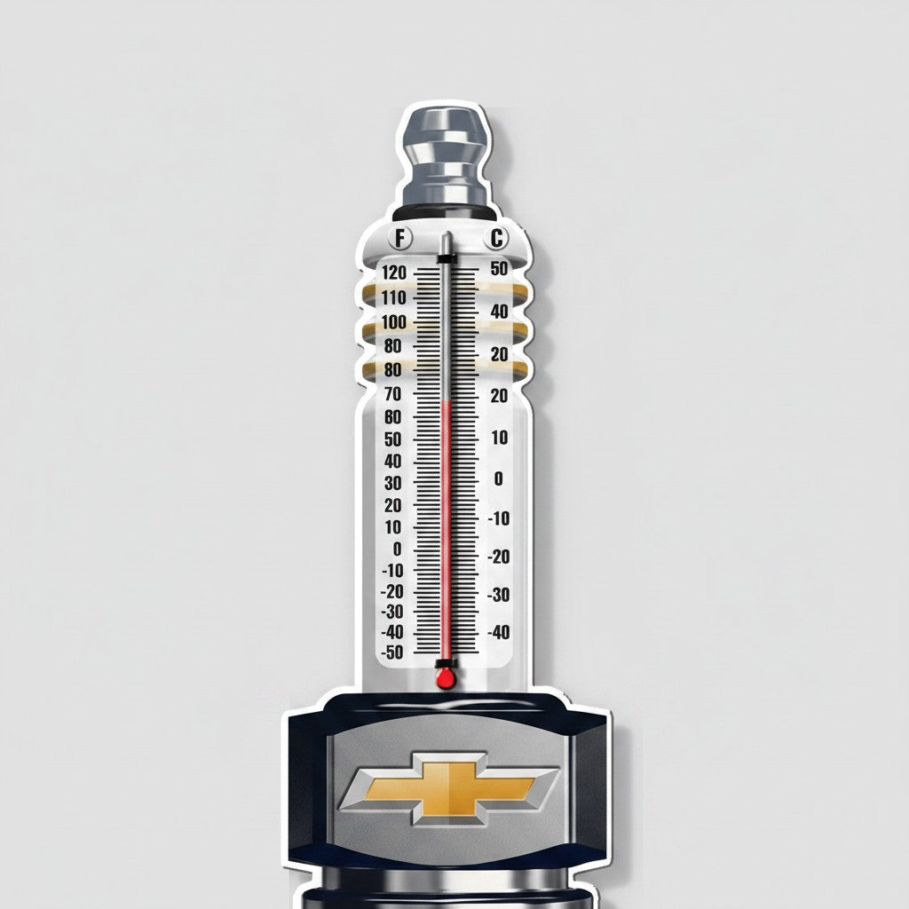 Jones Peak Chevrolet spark plug embossed metal thermometer with vintage patina finish for garage or man cave decor
