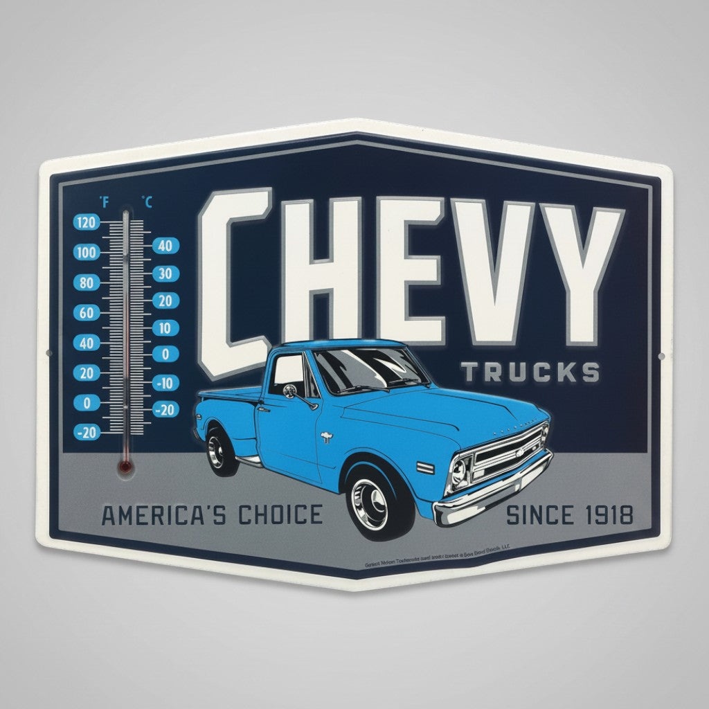 Jones Peak retro metal wall thermometer featuring a blue Chevrolet truck graphic and Fahrenheit and Celsius scales.