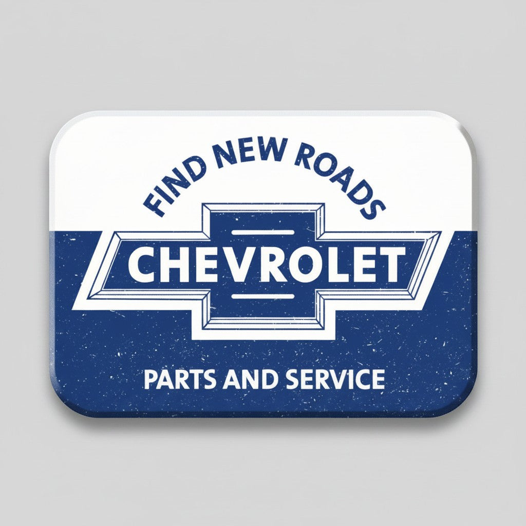 Jones Peak Chevrolet Find New Roads rectangular metal magnet with vintage blue and white automotive logo design