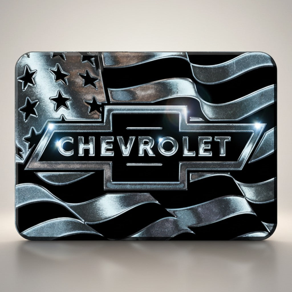 Chevy metal flag magnet with American flag design and embossed Chevrolet logo in silver and black