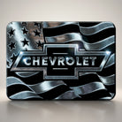 Chevy metal flag magnet with American flag design and embossed Chevrolet logo in silver and black