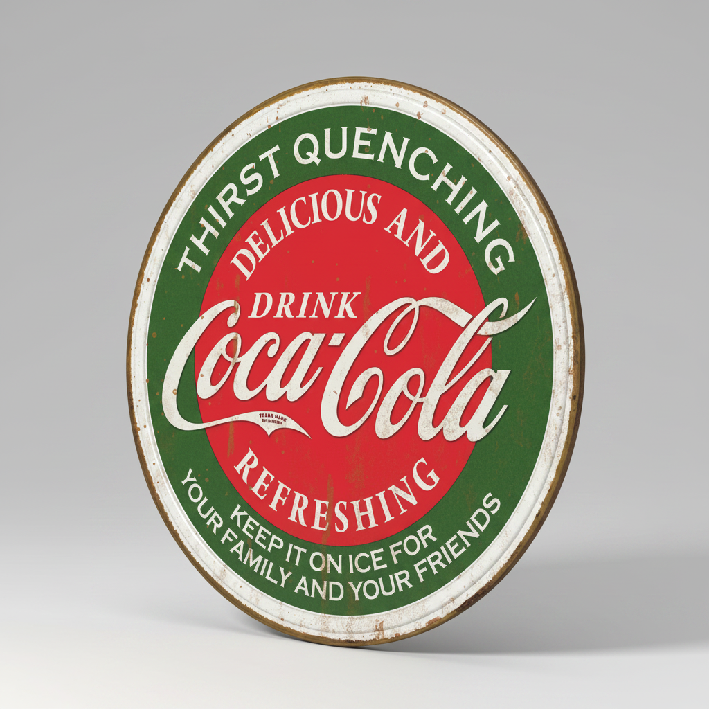 Jones Peak round embossed Coca-Cola metal sign with vintage red and green advertising graphics and distressed finish.