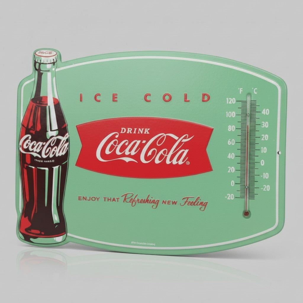 Jones Peak Coca-Cola embossed metal wall thermometer with vintage green sign design and classic glass bottle graphic.