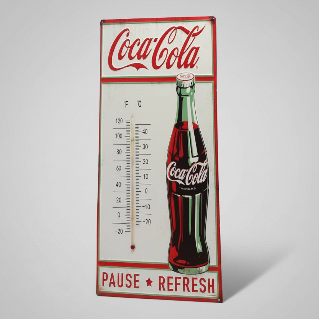 Jones Peak Coca-Cola embossed metal wall thermometer with vintage Pause and Refresh graphics and bottle illustration.