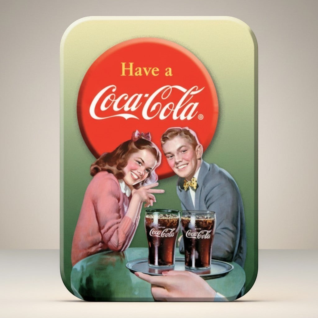 Jones Peak Coca-Cola magnet featuring a retro young couple enjoying drinks. Features rounded corners and soft touch paper media.
