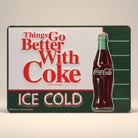 Jones Peak Coca-Cola Things Go Better With Coke Ice Cold embossed metal magnet. Features red text and a classic Coke bottle.