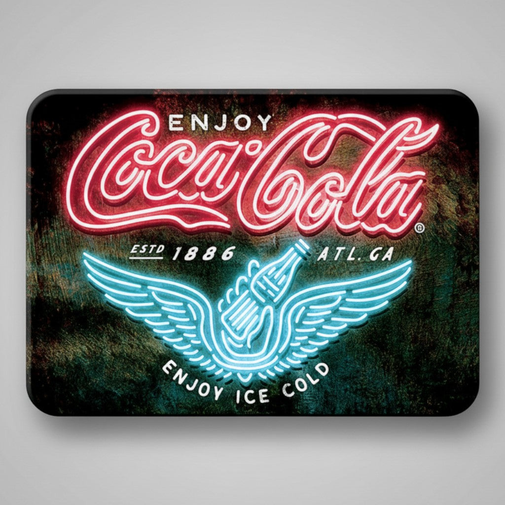 Jones Peak Coca-Cola neon sign magnet featuring vintage red and blue graphics on embossed metal for fridge decor.
