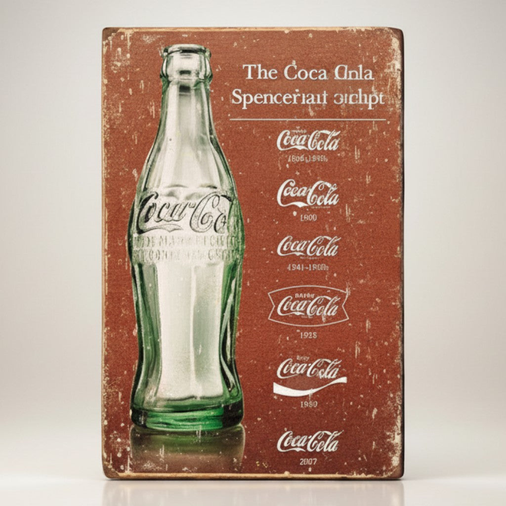 Jones Peak Coca-Cola Script Heritage Magnet featuring a vintage green bottle and evolution of the Coca-Cola logo.