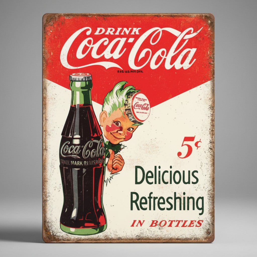 Jones Peak vintage Coca-Cola Sprite Boy metal sign with distressed red finish and classic soda bottle graphic