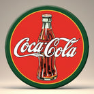 Jones Peak Coca-Cola 1930s vintage bottle logo magnet, round metal with red background and green border.