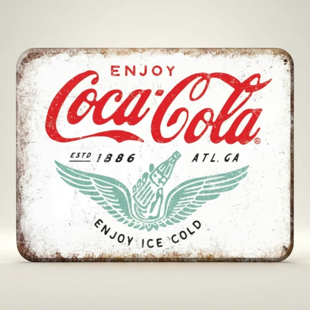 Jones Peak Coca-Cola Established 1886 vintage metal magnet with red logo and winged bottle design.