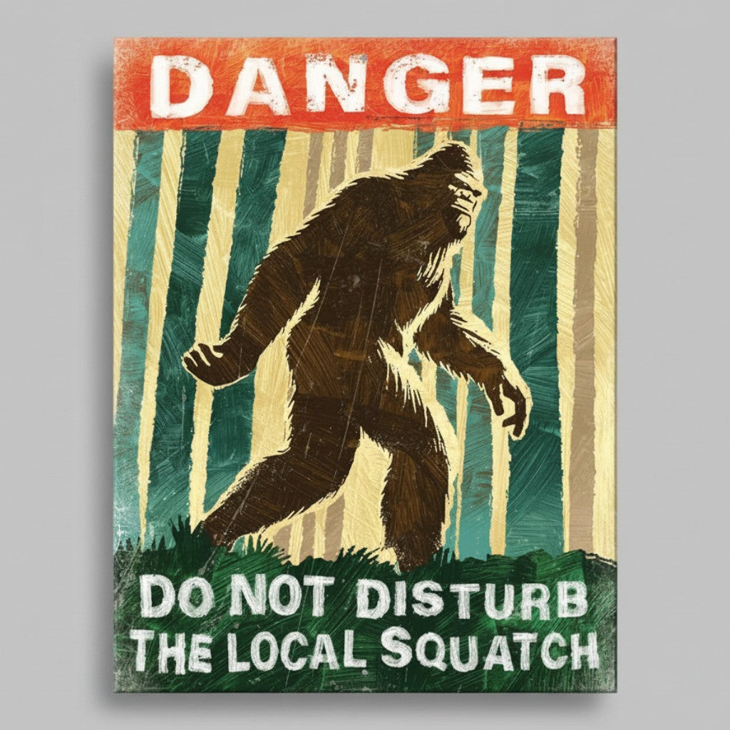 Jones Peak Danger Local Squatch metal sign with a distressed Bigfoot silhouette in a forest, red and green palette.