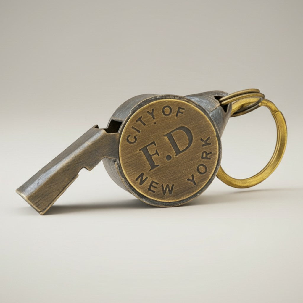Jones Peak Fire Department City of New York solid brass embossed star whistle with antique patina finish.