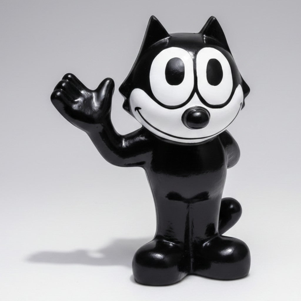 Jones Peak Felix Chevrolet mascot cast iron coin bank with a vintage black and white painted finish